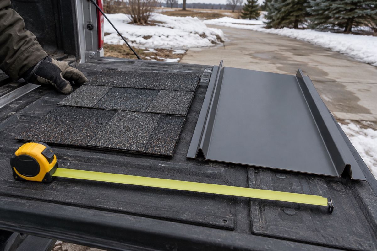 Shingle and metal roof samples on a truck tailgate