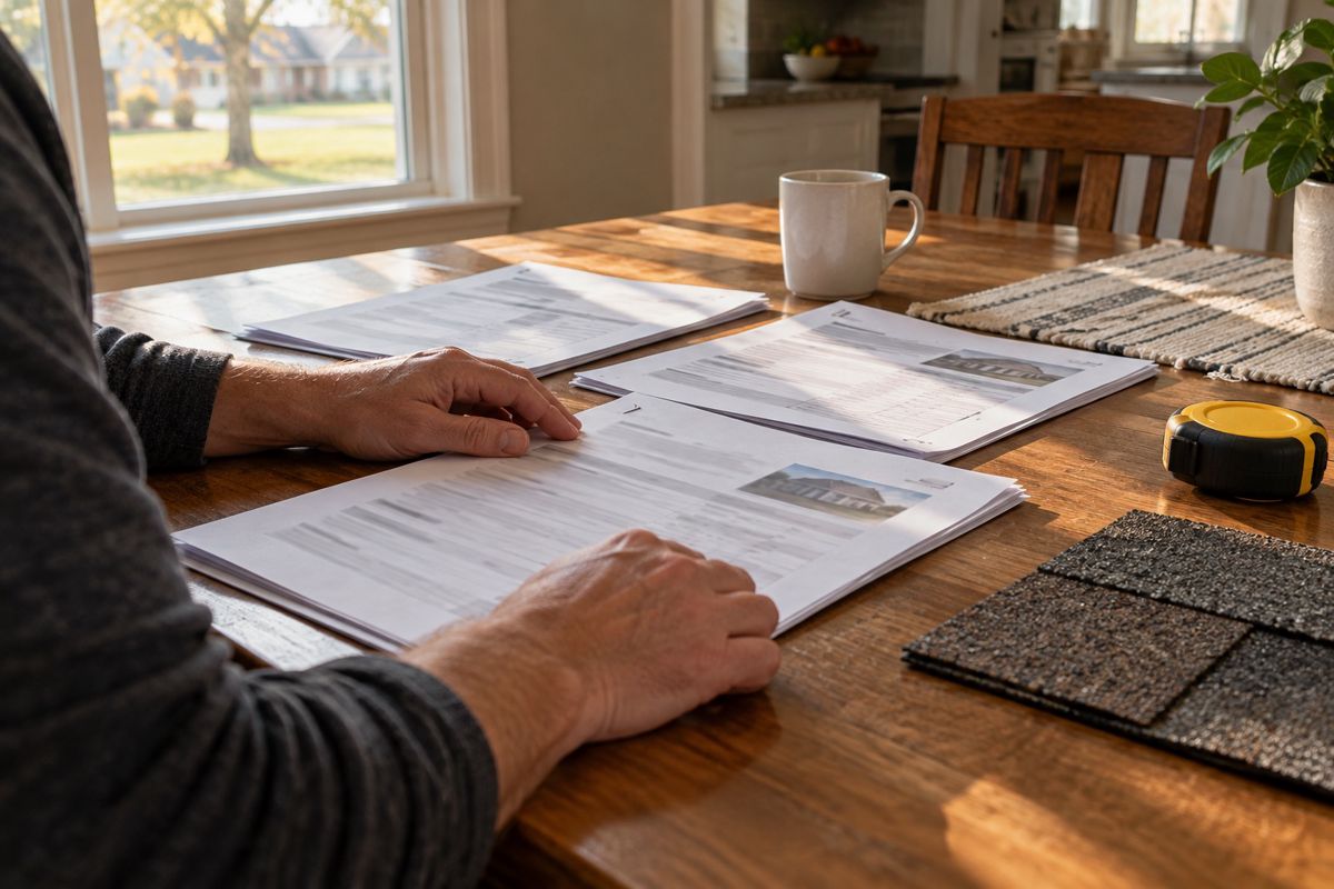 Paper roofing estimates and a shingle sample on a kitchen table