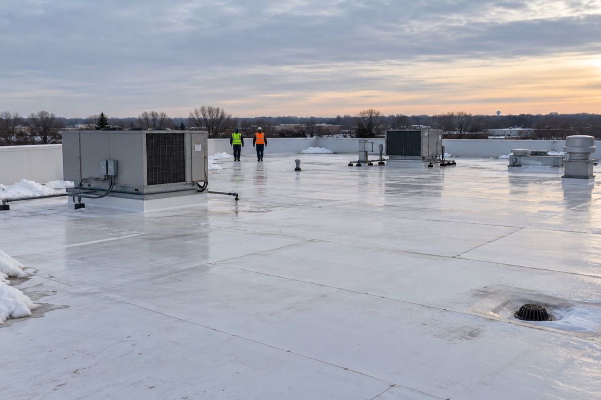 White membrane flat roof with rooftop units on a warehouse