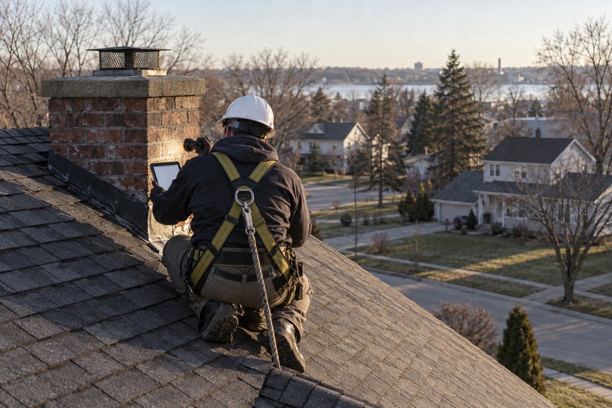 Inspector crouching on a shingle roof near a chimney with a flashlight