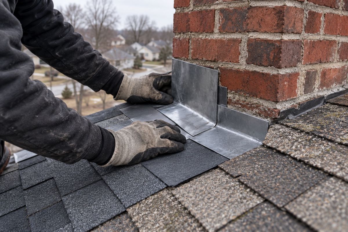 Gloved hands repairing flashing around a brick chimney on a roof