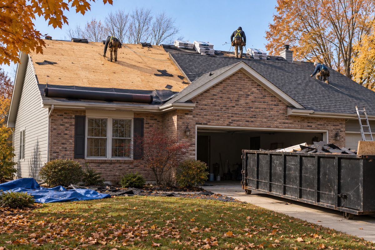 Partly finished roof replacement with new shingles beside bare deck