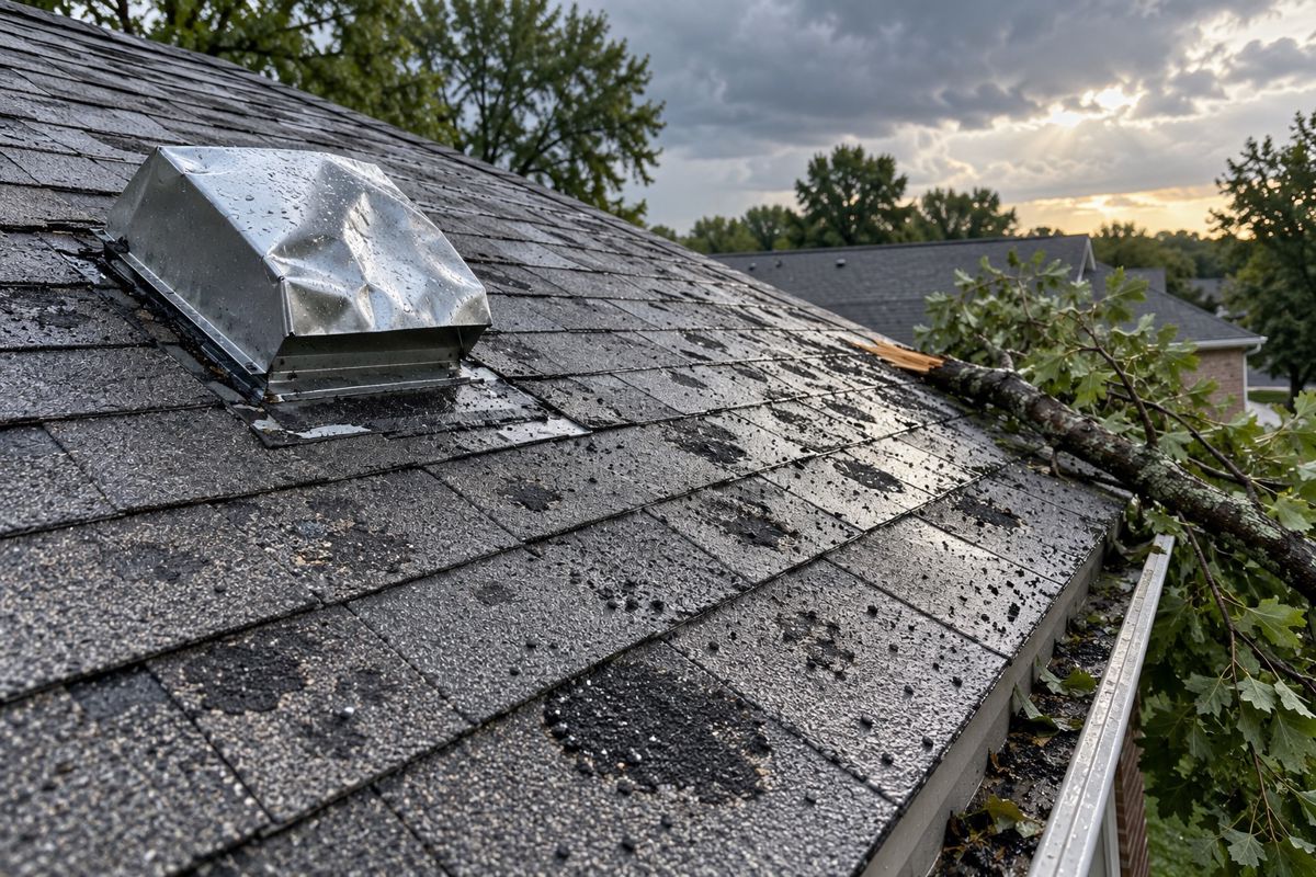 Hail marks and a fallen branch on a gray shingle roof